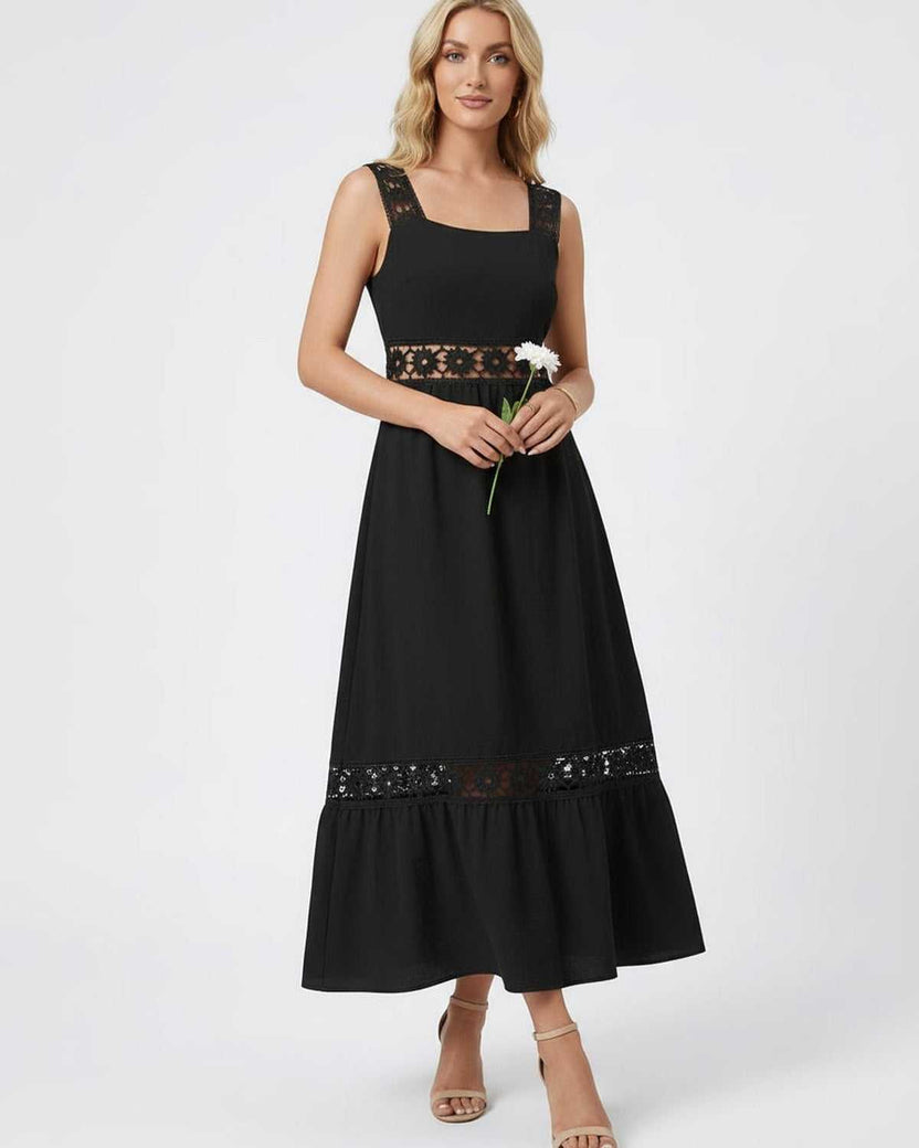 Celeste Midi Dress by Lauven featuring elegant lace insets, perfect chic silhouette, ideal for fashion-forward women.