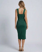 Lauven Celeste Midi Dress back view showcasing stylish green satin fabric and flattering fit.