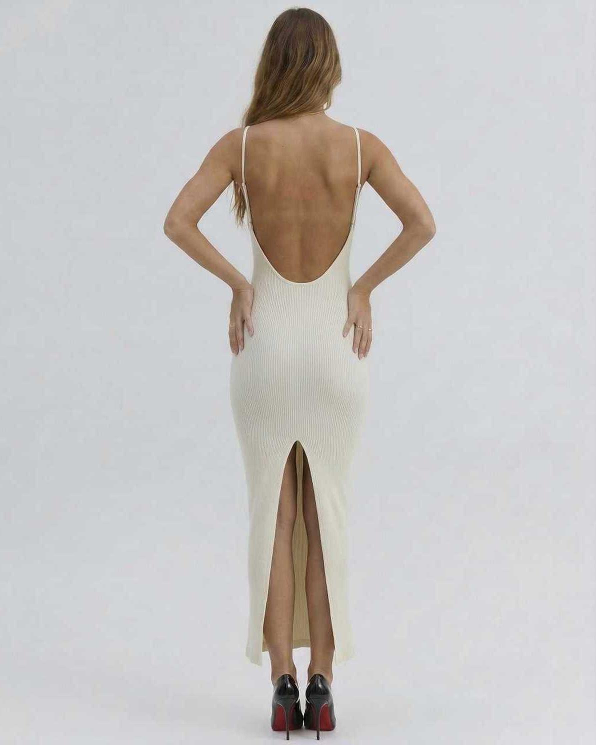 Celeste Midi Dress by Lauven featuring a chic cut-out back design in ivory, perfect for summer occasions.