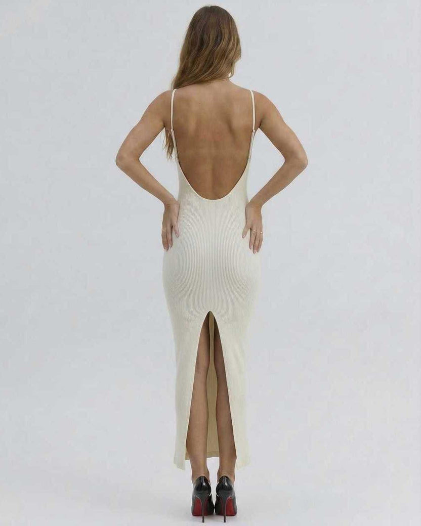 Celeste Midi Dress by Lauven featuring a chic cut-out back design in ivory, perfect for summer occasions.