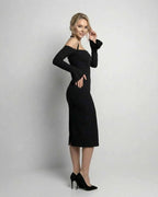 Celeste Midi Dress by Lauven - Elegant black dress with halter neck and long sleeves, perfect for club wear.