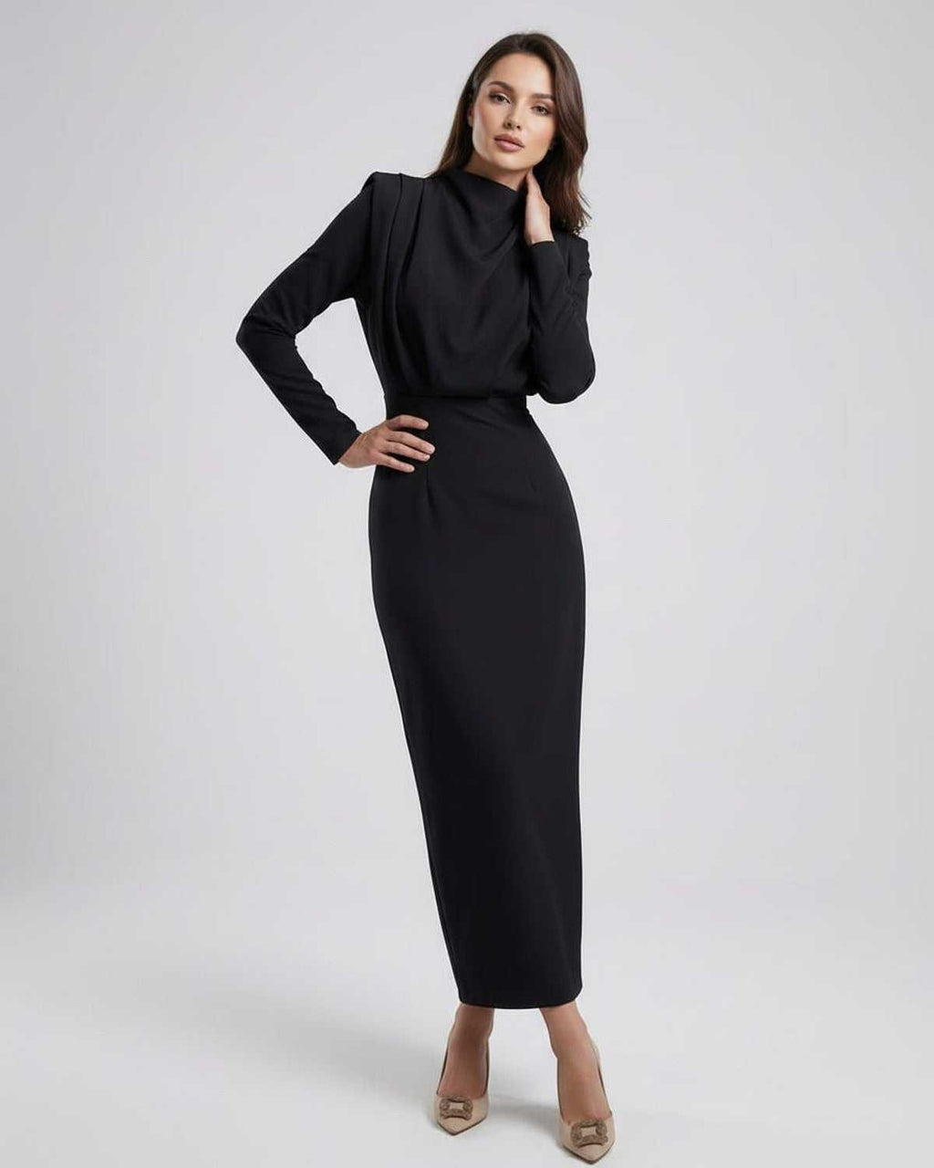 Celeste Midi Dress by Lauven, elegant black trumpet silhouette with stand neck for timeless style.