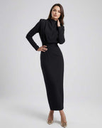 Celeste Midi Dress by Lauven, elegant black trumpet silhouette with stand neck for timeless style.