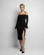 Celeste Midi Dress by Lauven – Elegant black dress with halter neck and long sleeves, featuring a sexy high slit.