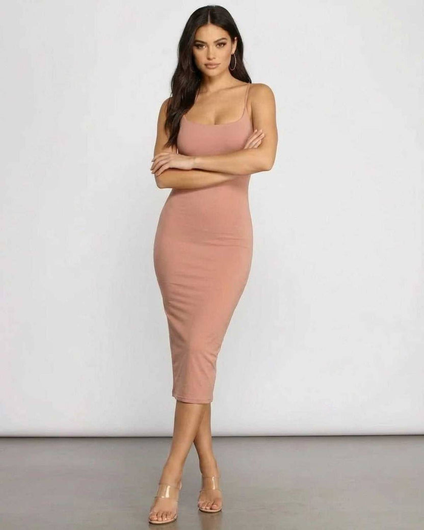 Celeste Midi Dress by Lauven, showcasing a sleek curve-hugging silhouette in elegant knitwear.