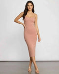 Celeste Midi Dress by Lauven, elegant curve-hugging silhouette in soft knit fabric for modern women.