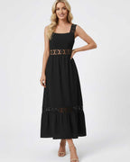 Celeste Midi Dress by Lauven featuring elegant lace insets, perfect for stylish women seeking modern sophistication.