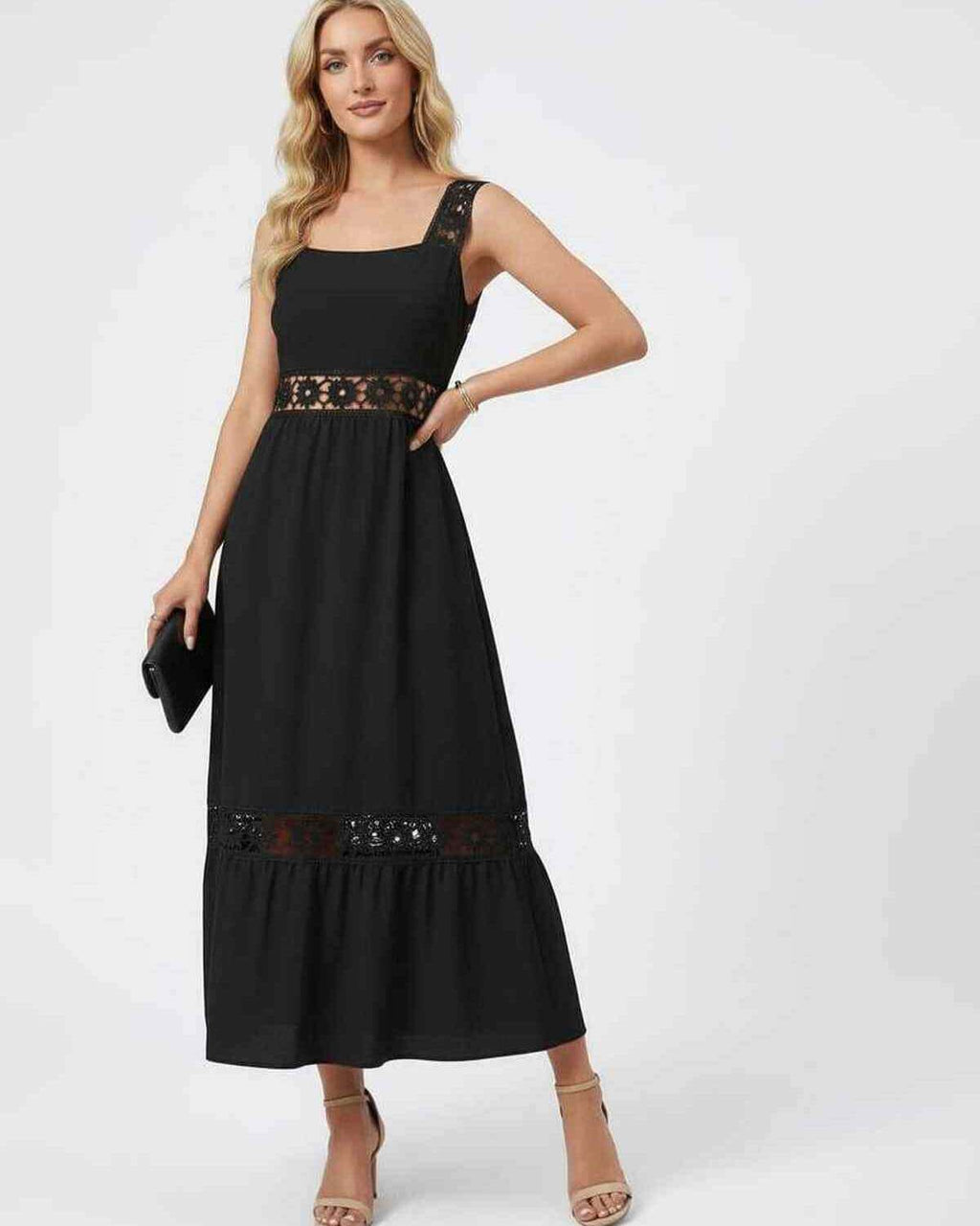 Celeste Midi Dress by Lauven featuring elegant lace insets, perfect for chic occasions.