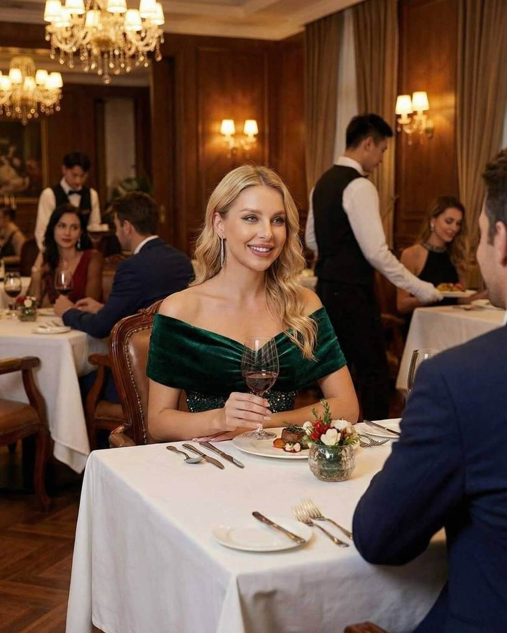 Celeste Midi Dress worn by a woman in a restaurant, featuring an elegant off-shoulder design in rich green velvet.
