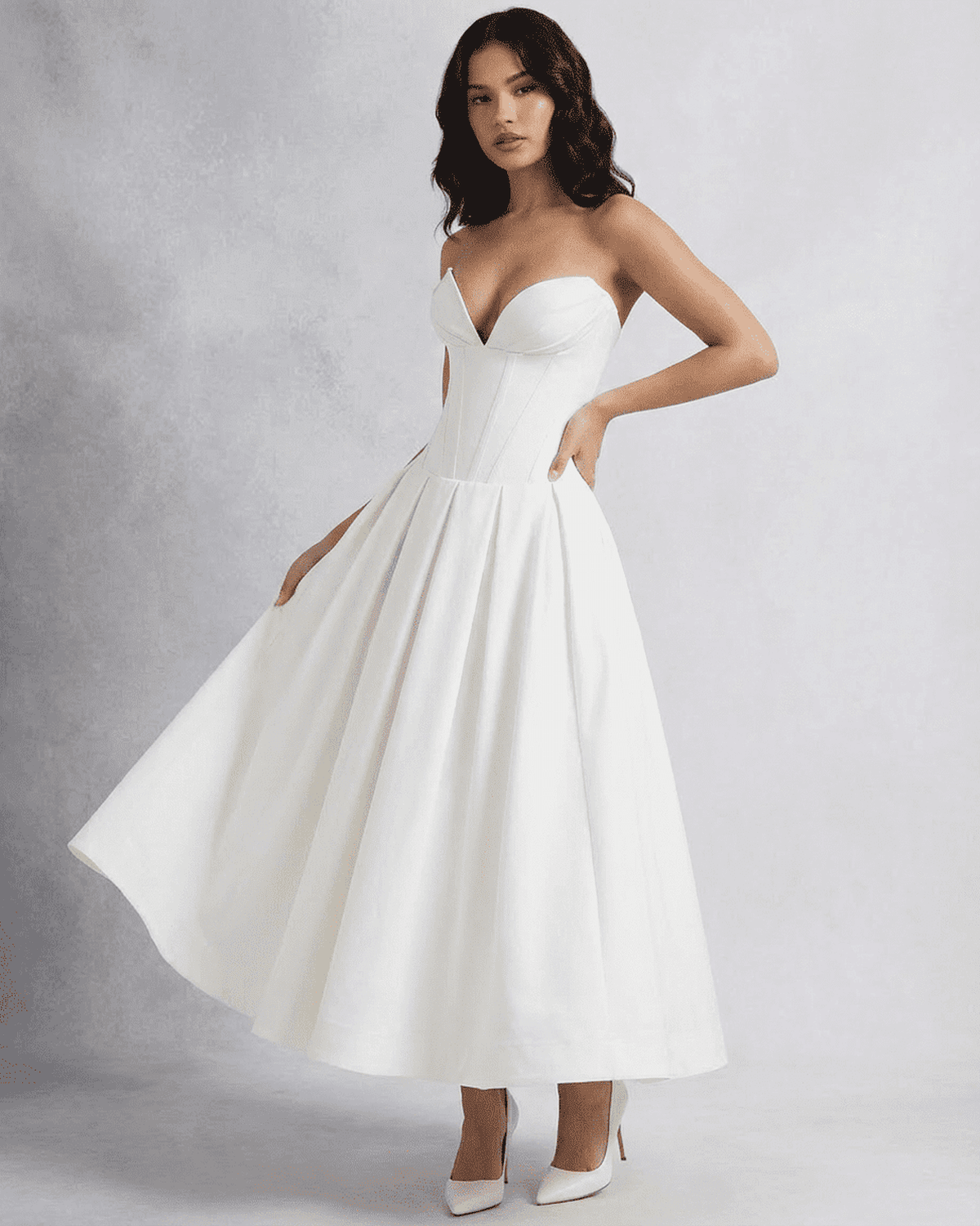 Celeste Midi Dress by Lauven, elegant strapless corset A-line design, showcasing modern fashion for special events.