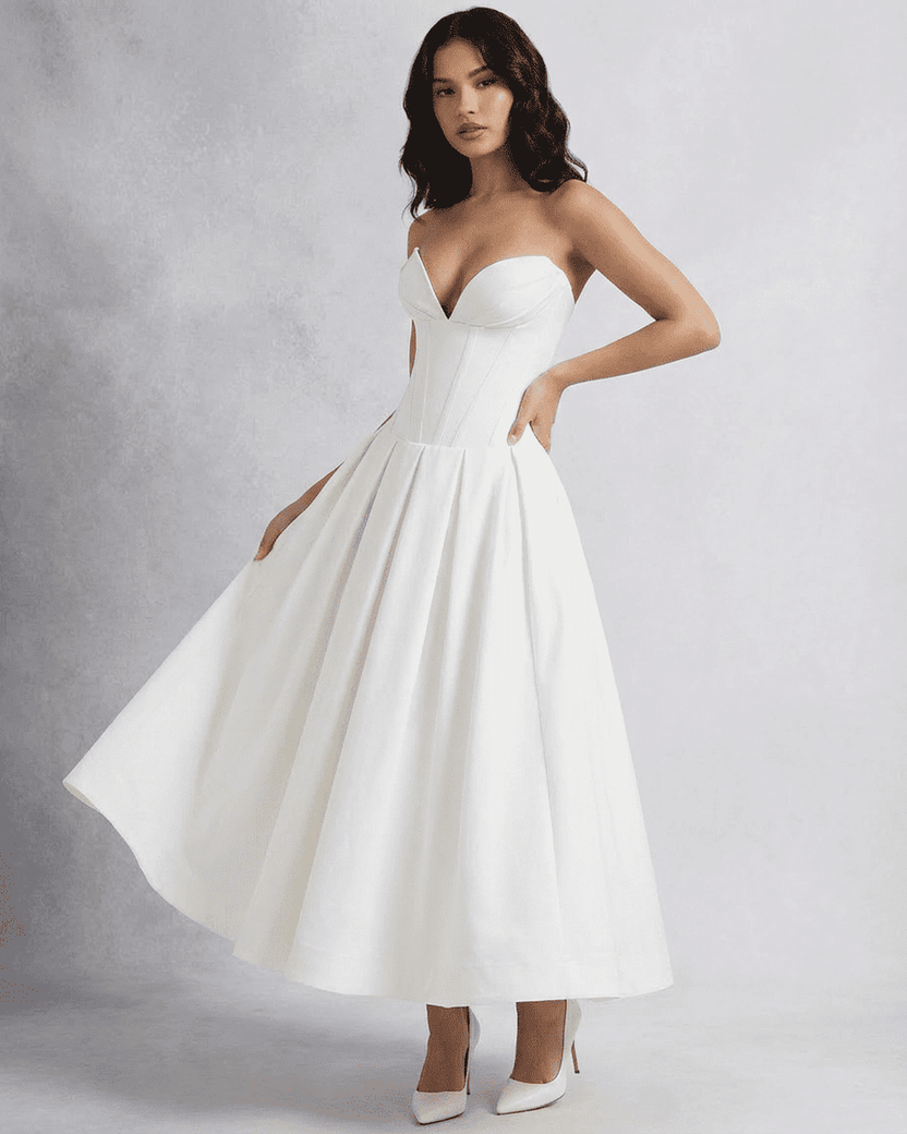 Celeste Midi Dress by Lauven, elegant strapless corset A-line design, showcasing modern fashion for special events.