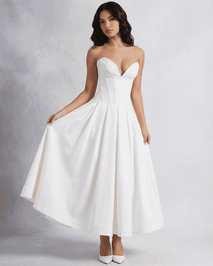 Celeste Midi Dress by Lauven, elegant strapless corset A-line design, showcasing refined style and flattering fit.