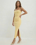 Celeste Midi Dress by Lauven - Elegant strapless yellow sheath dress with a sleek fit and mid-calf length.