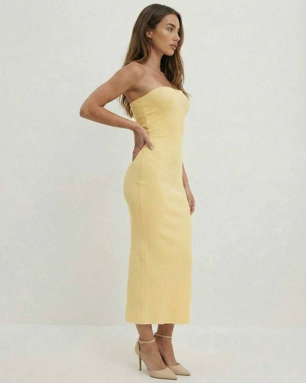 Celeste Midi Dress by Lauven – Elegant strapless sheath in soft yellow for a modern silhouette.