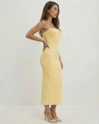 Celeste Midi Dress by Lauven – Elegant strapless sheath in soft yellow for a modern silhouette.