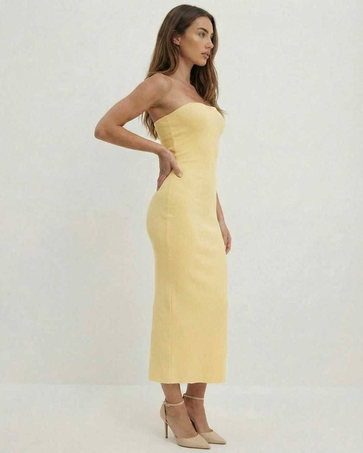 Celeste Midi Dress by Lauven – Elegant strapless sheath in soft yellow for a modern silhouette.