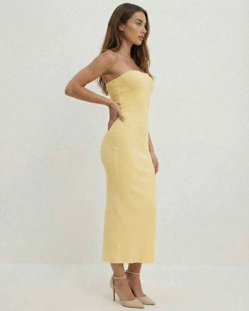 Celeste Midi Dress by Lauven – Elegant strapless sheath in soft yellow for a modern silhouette.
