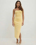 Celeste Midi Dress by Lauven, elegant strapless sheath in soft yellow, perfect for Spring 2024.