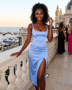 Celeste Midi Dress by Lauven - Elegant blue bodycon dress with a high slit, perfect for cocktail parties.