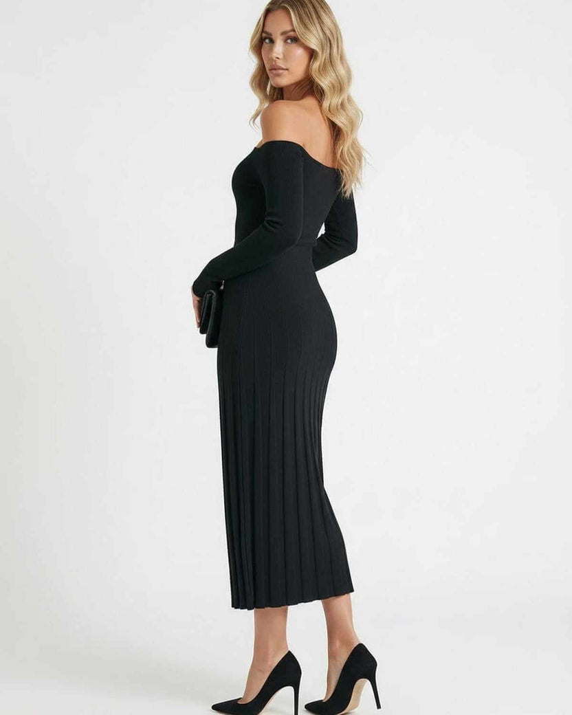 Celeste Midi Dress by Lauven, elegant off-shoulder slim fit black dress showcasing a modern silhouette.