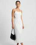 Celeste Midi Dress by Lauven showcasing ruched design and backless detail, perfect for luxury-loving women.