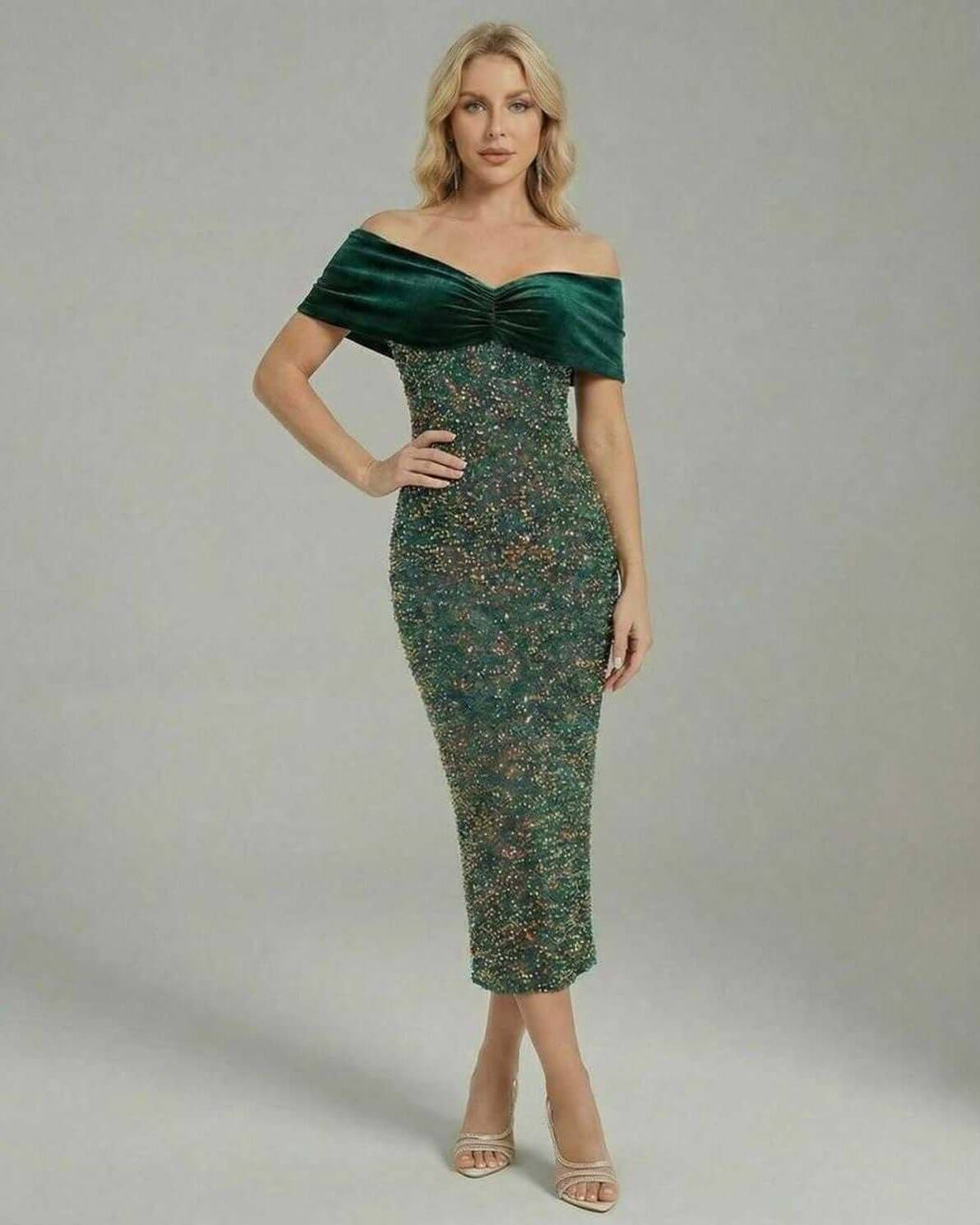 Celeste Midi Dress by Lauven, elegant off-shoulder green evening dress in velvet perfect for special occasions.