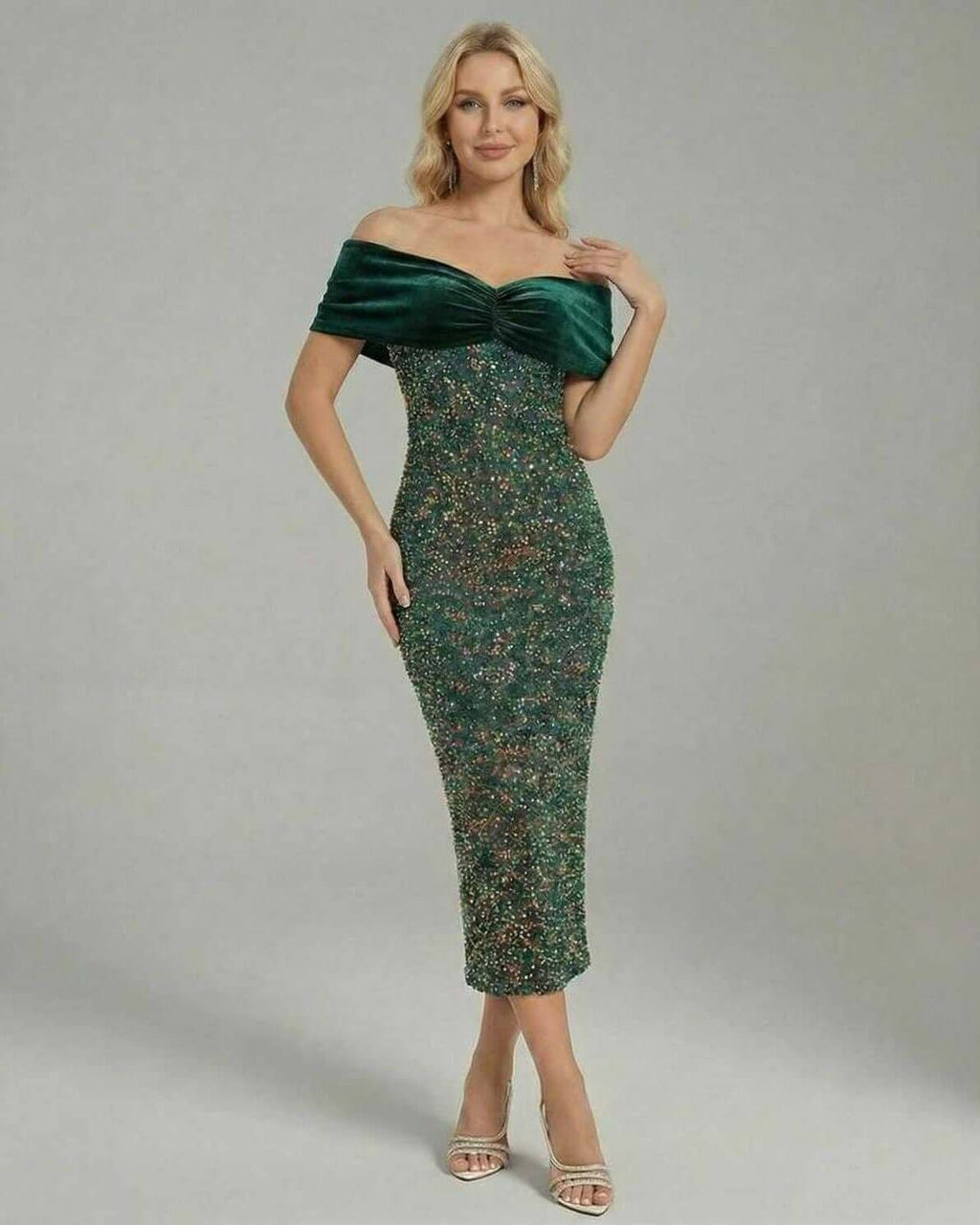 Celeste Midi Dress by Lauven - Elegant off-shoulder green dress with a fitted silhouette and velvet detailing.