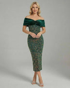 Celeste Midi Dress by Lauven - Elegant off-shoulder green evening dress with a fitted silhouette.
