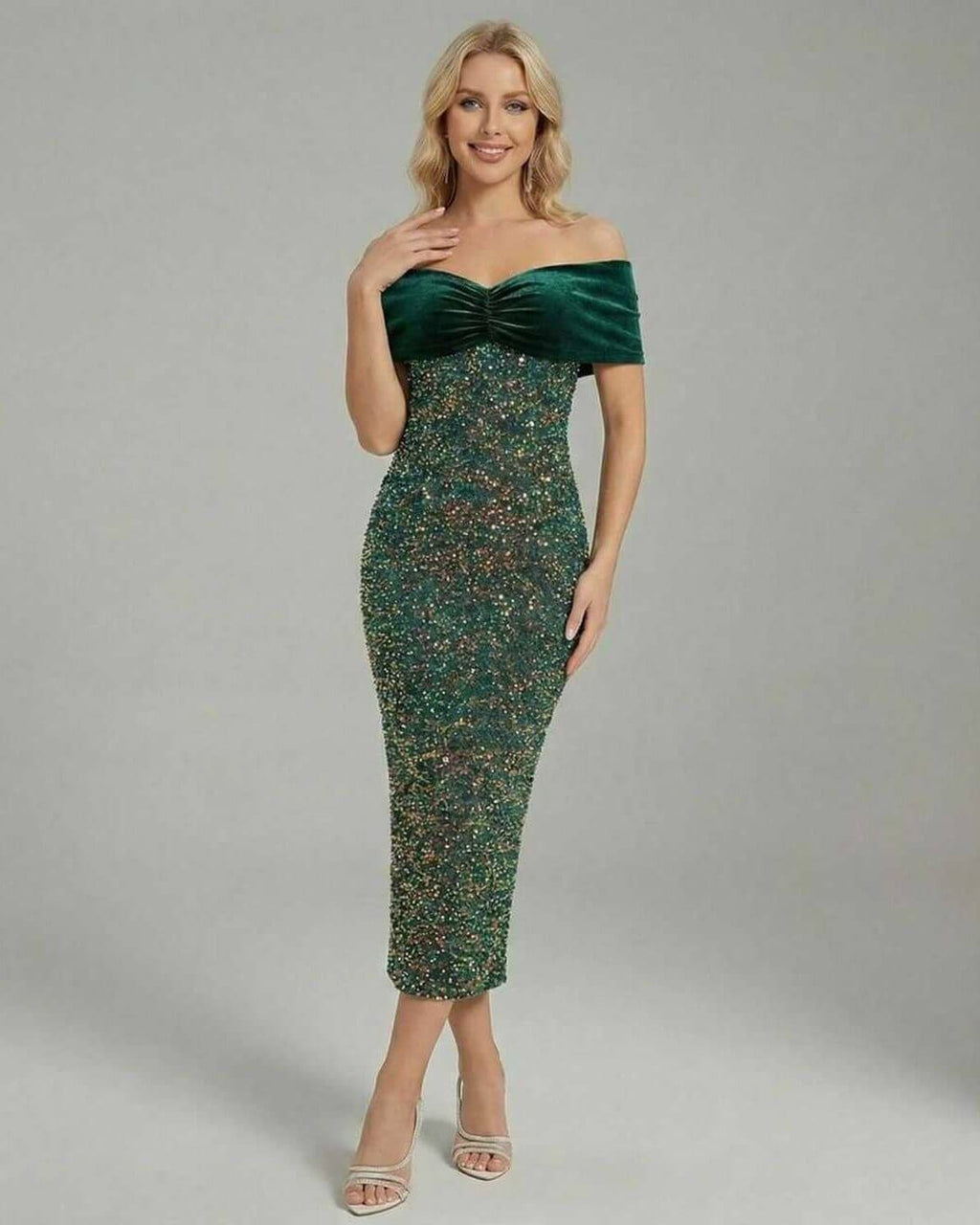 Celeste Midi Dress by Lauven - Elegant off-shoulder green evening dress with a body-hugging fit.