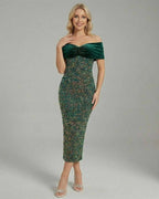 Celeste Midi Dress by Lauven - Elegant off-shoulder green evening dress with a body-hugging fit.