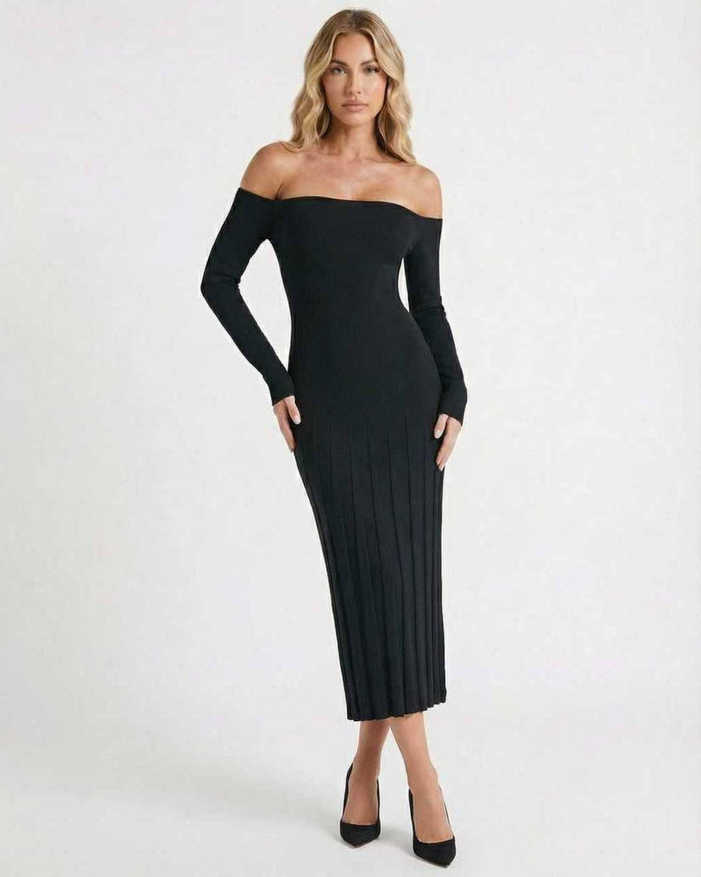 Celeste Midi Dress by Lauven – Elegant off-shoulder black midi dress perfect for stylish occasions.