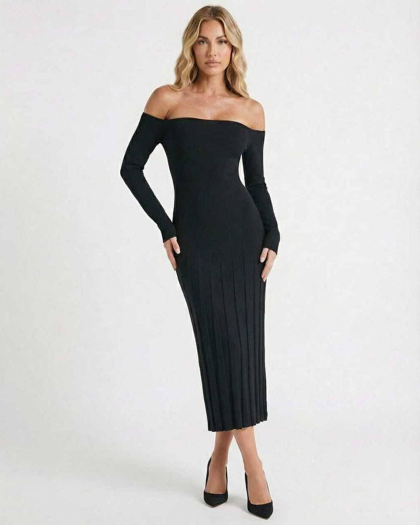 Celeste Midi Dress by Lauven – Elegant off-shoulder black midi dress perfect for stylish occasions.