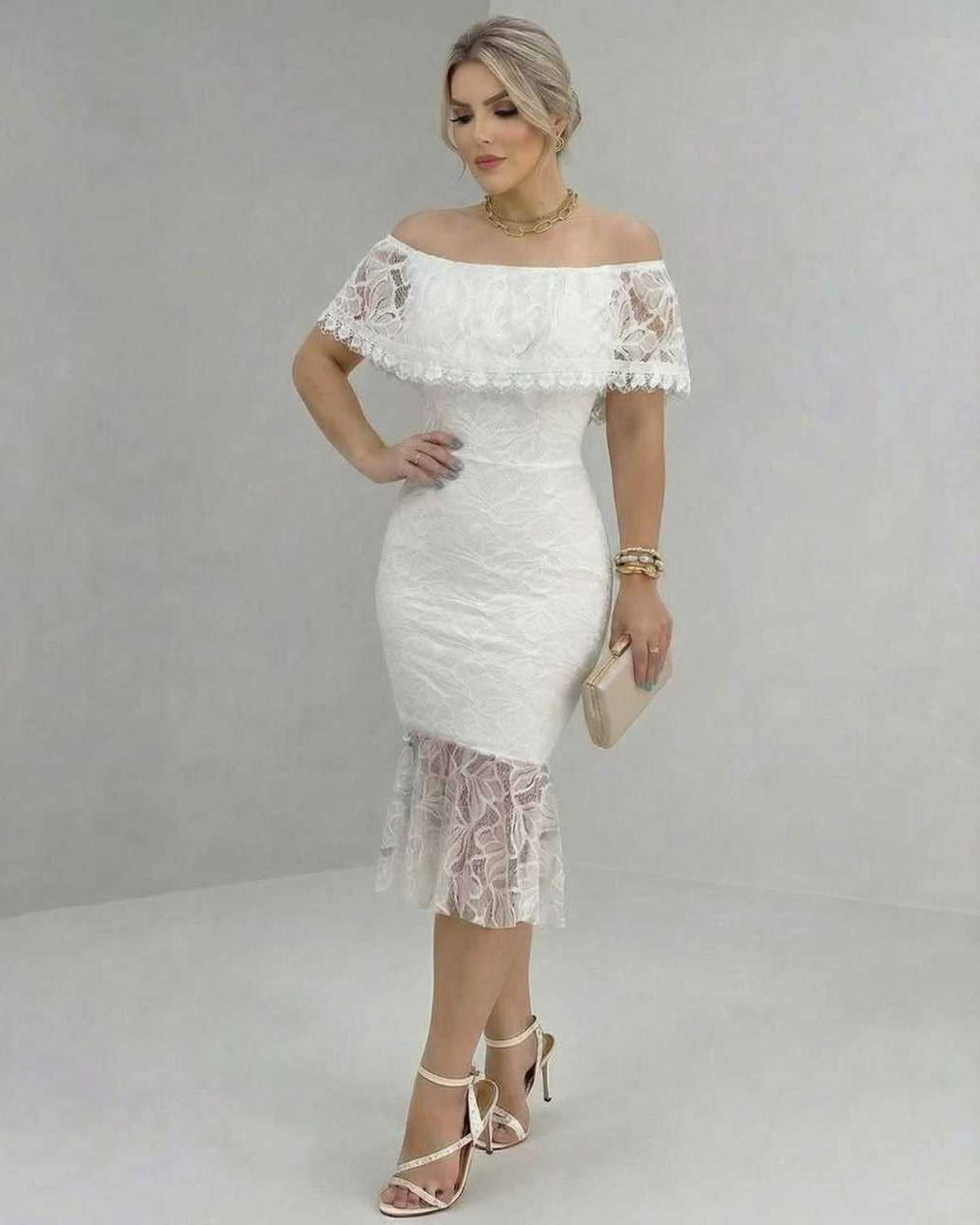 Lauven Celeste Midi Dress off-the-shoulder lace elegance, perfect for bridal showers and special occasions.