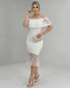 Lauven Celeste Midi Dress features off-the-shoulder lace elegance, perfect for bridal showers and special occasions.
