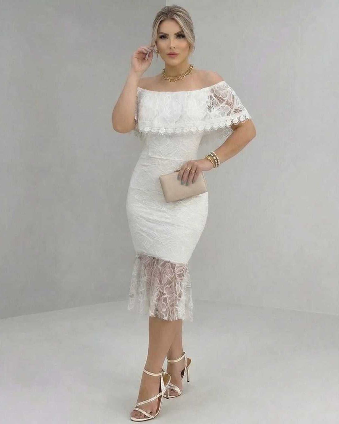 Lauven Celeste Midi Dress features off-the-shoulder lace elegance, perfect for bridal showers and special occasions.