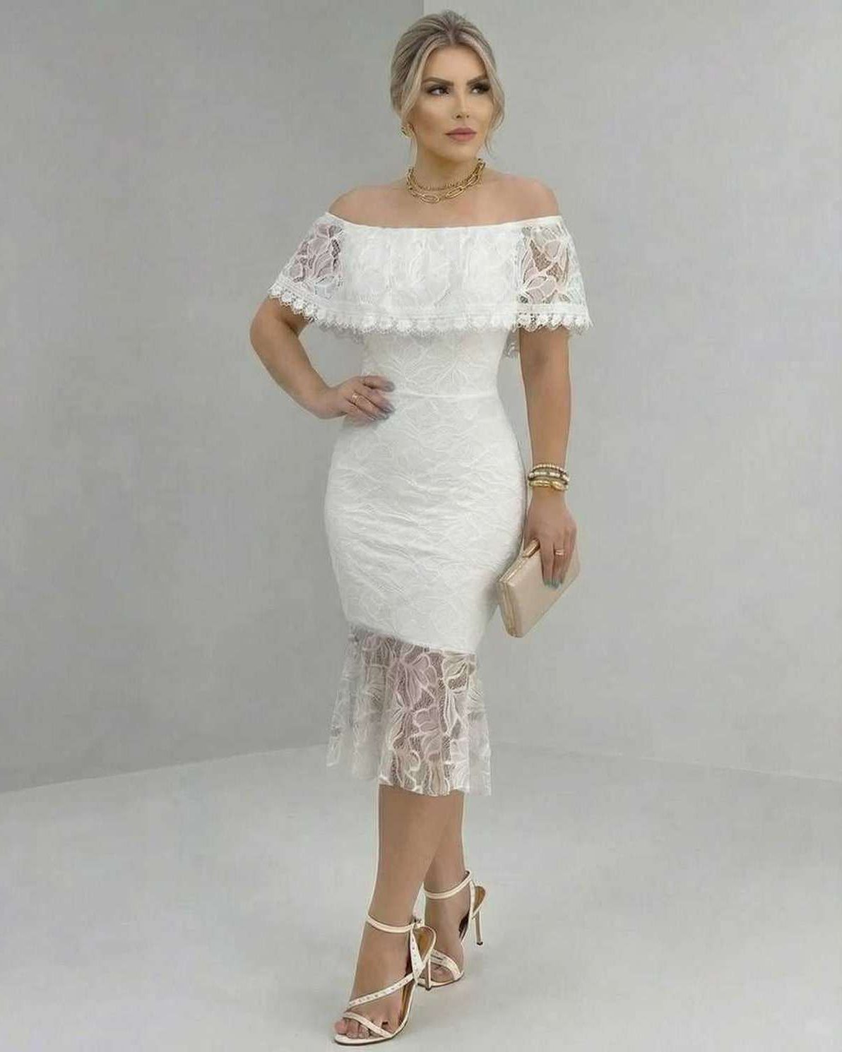 Lauven Celeste Midi Dress off-the-shoulder lace elegance for special occasions, featuring a sheer lace overlay.