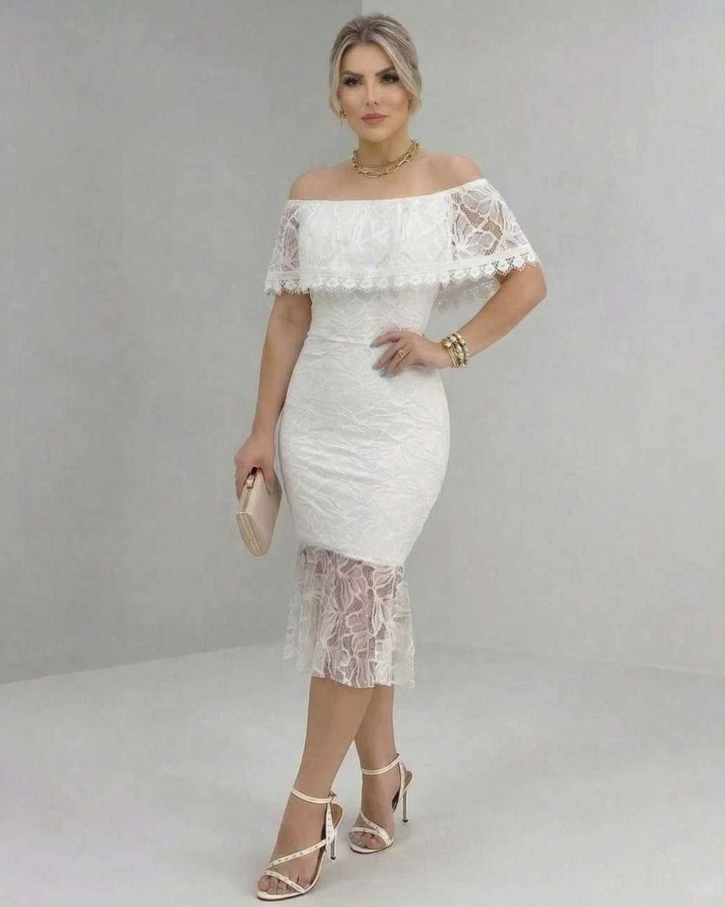 Lauven Celeste Midi Dress with off-the-shoulder lace elegance for bridal showers and special occasions.