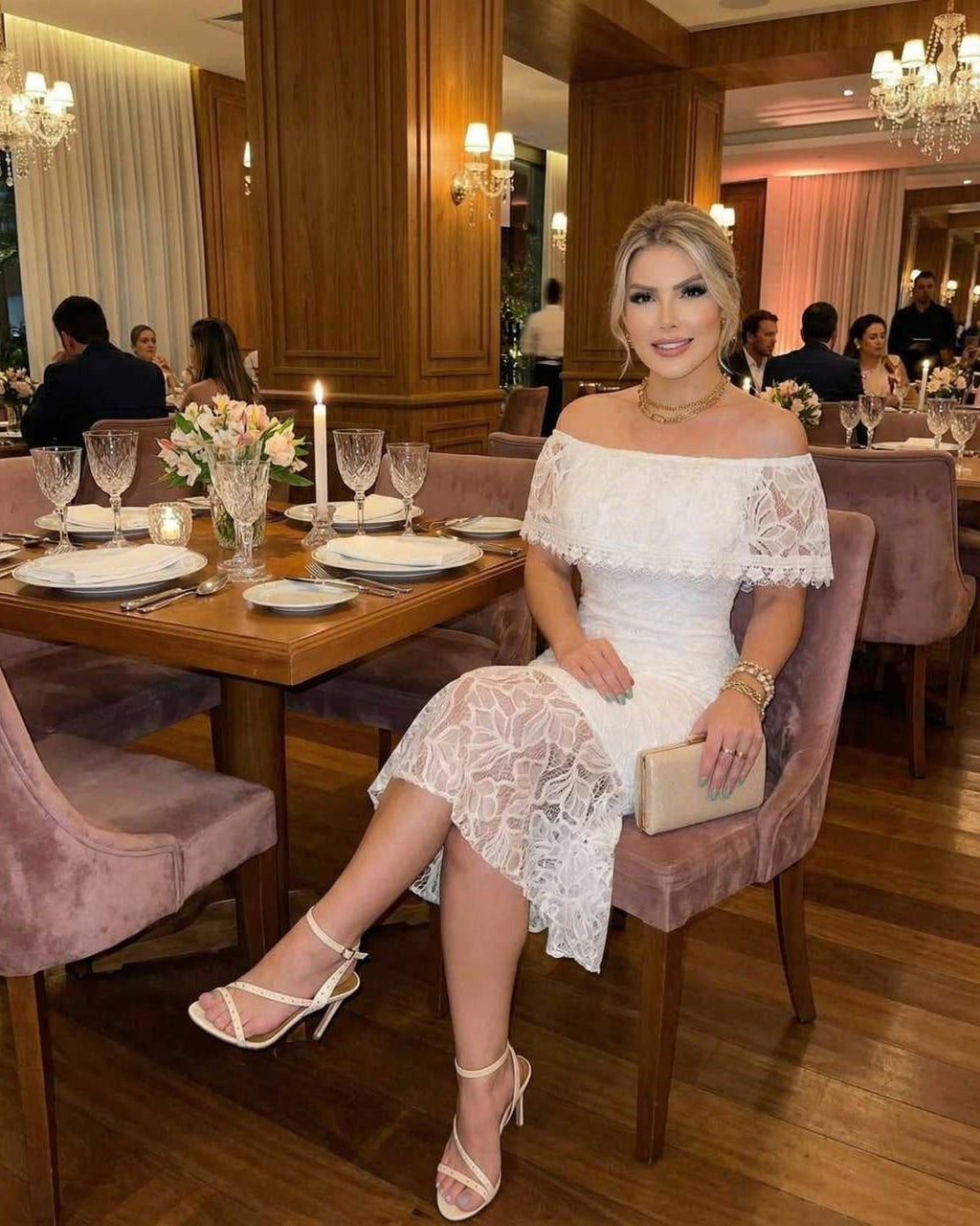 Celeste Midi Dress by Lauven featuring off-the-shoulder lace elegance, perfect for special occasions.