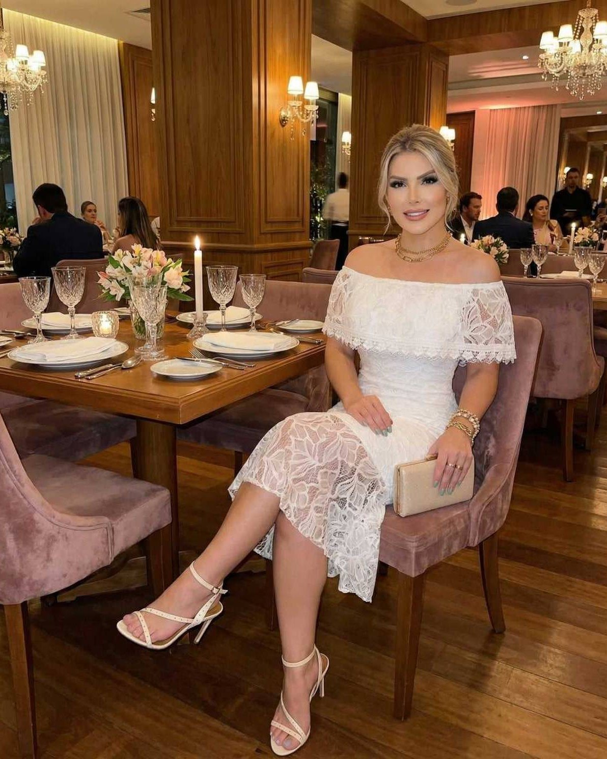 Celeste Midi Dress by Lauven featuring off-the-shoulder lace elegance, perfect for special occasions.