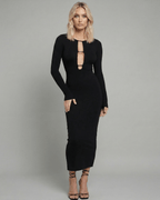 Celeste Midi Dress by Lauven – Sleek black ankle-length dress with hollow out detail, perfect for upscale events.