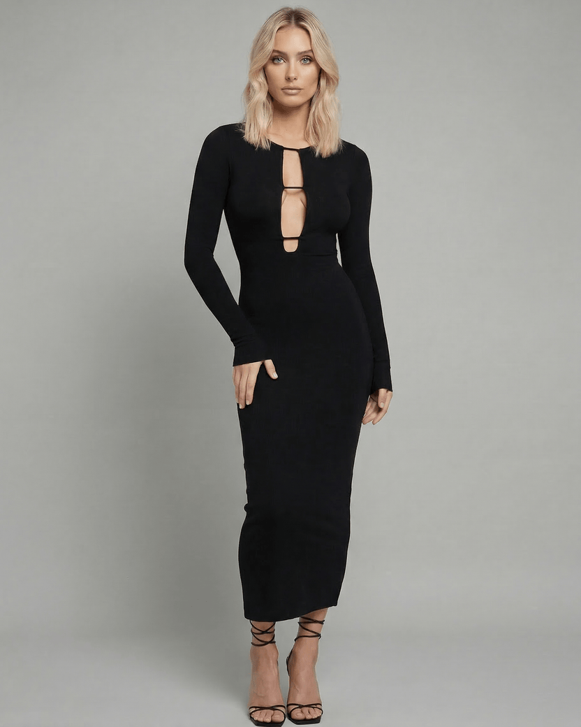 Celeste Midi Dress by Lauven – Sleek black ankle-length dress with hollow out detail, perfect for upscale events.