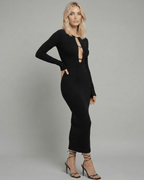 Celeste Midi Dress by Lauven – Sleek black ankle-length dress with hollow out detail, perfect for upscale events.