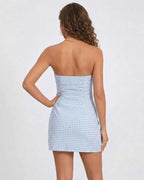 Celeste Mini Dress by Lauven, blue gingham strapless design with empire waist and above-the-knee length.
