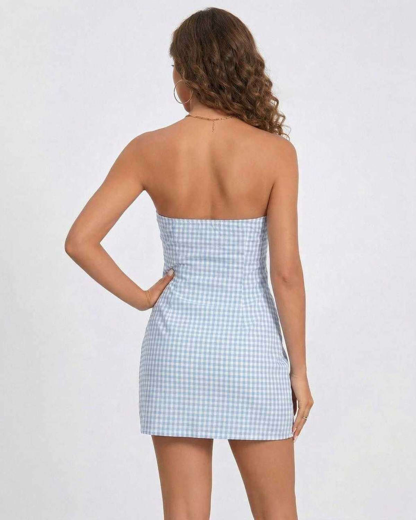 Celeste Mini Dress by Lauven, blue gingham strapless design with empire waist and above-the-knee length.