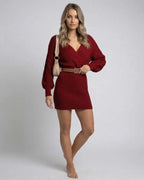 Celeste Mini Dress by Lauven - Elegant ribbed knit bodycon dress in burgundy with deep V-neck design.