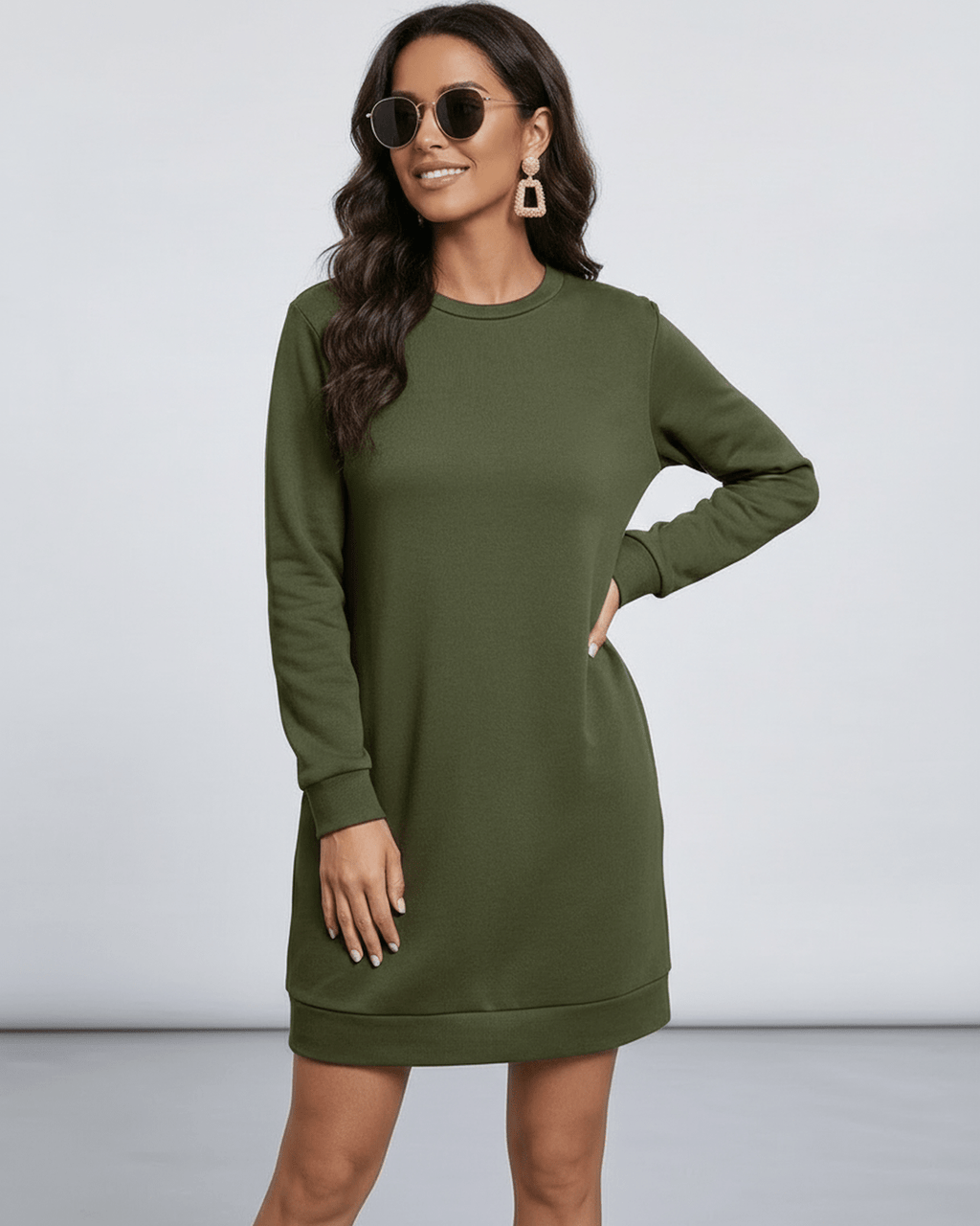 Celeste Mini Dress by Lauven in olive green, casual sweatshirt style with pockets, perfect for layering.