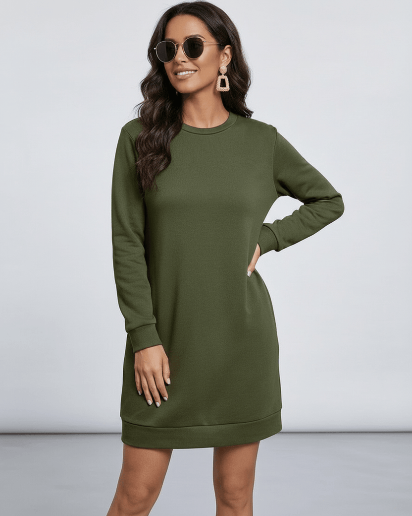 Celeste Mini Dress by Lauven in olive green, casual sweatshirt style with pockets, perfect for layering.