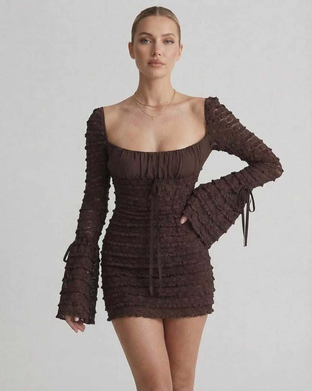 Celeste Mini Dress by Lauven in rich chocolate brown, featuring a fitted silhouette and elegant flare sleeves.