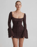 Celeste Mini Dress by Lauven, featuring elegant flare sleeves and a flattering sheath silhouette in rich chocolate brown.