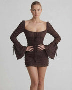 Celeste Mini Dress by Lauven featuring a brown sheath silhouette and flare sleeves, perfect for club style fashion.